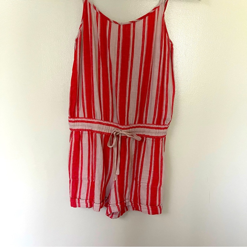 Loft size 2 (small) romper. Coral and cream stripes. Cinch waistline. Pockets